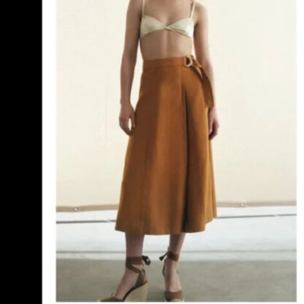 ZARA Linen Pareo Wrap High-Waist Toffee Taupe Brown Midi Maxi Skirt $69.90 - Picture 3 of 8
